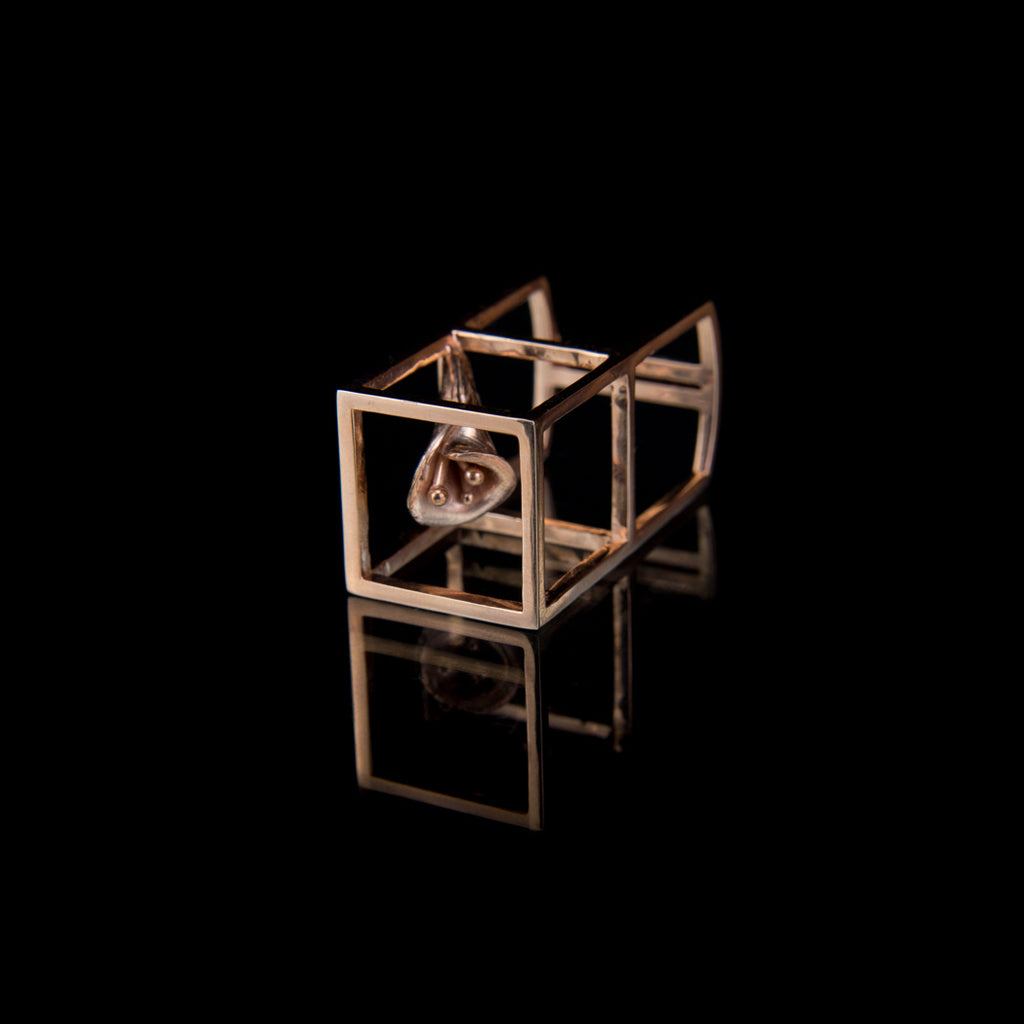 Designer Bold Statement Ring in 18K Rose Gold Vermeil illustrates Cube and calla Lilly