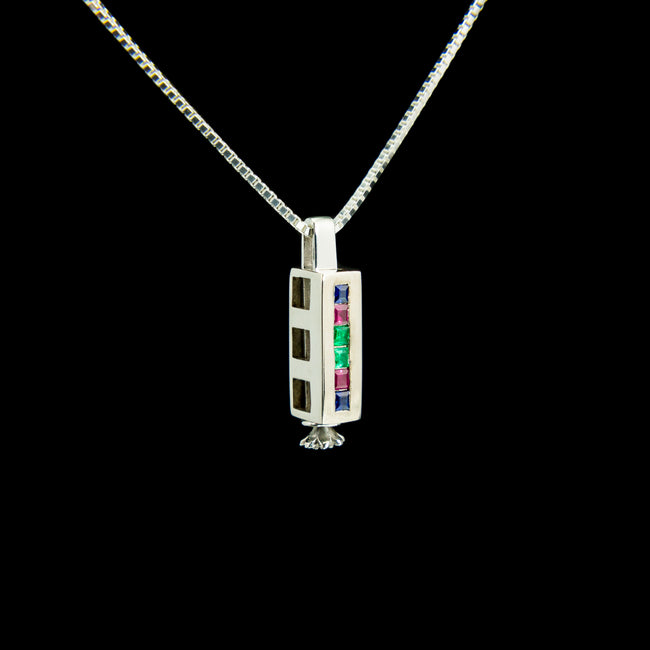 Triple Morphic Block Pendant with Sapphires, Rubies and Emeralds and floral base column
