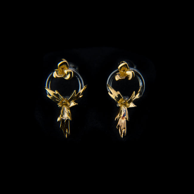 Designer Geometric Earrings with Flowers in 9K Gold and Black Rhodium