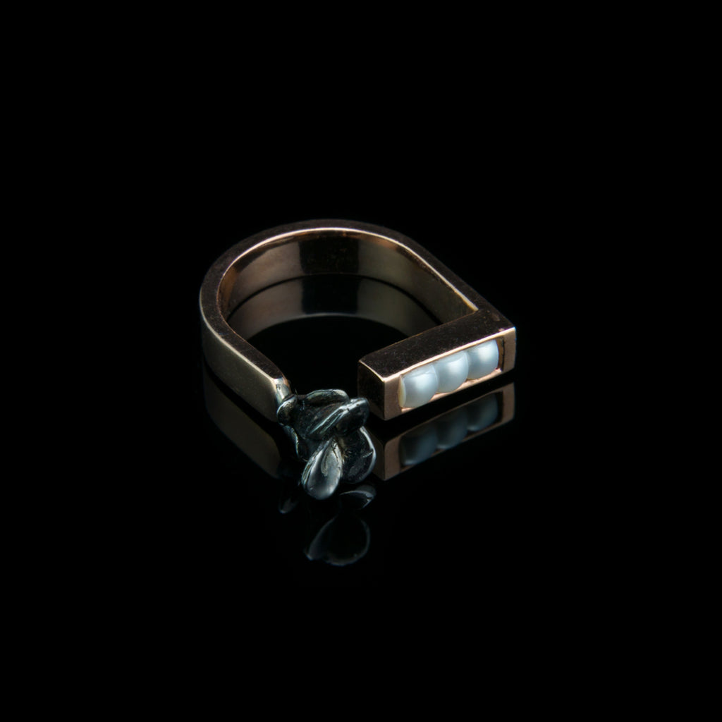 Designer Flower Ring in 18K Rose Gold with Black Flower and Fresh water Pearls