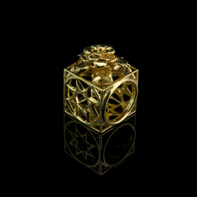 Designer Statement Ring in 9K Gold with Geometric motifs and a Flower